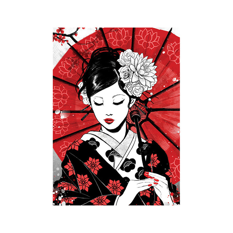 Geisha japonesa con lienzo paraguas decoración de arte de pared para el hogar rojo para sala de estar, opciones de tamaño múltiple