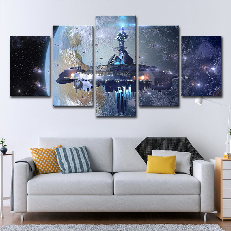Star Wars Fighter Canvas Print Science Fiction Cool Spacecrafts Wall Art in Blue Blue Clearhalo 'Art Gallery' 'Canvas Art' 'Kids' Arts' 1695275
