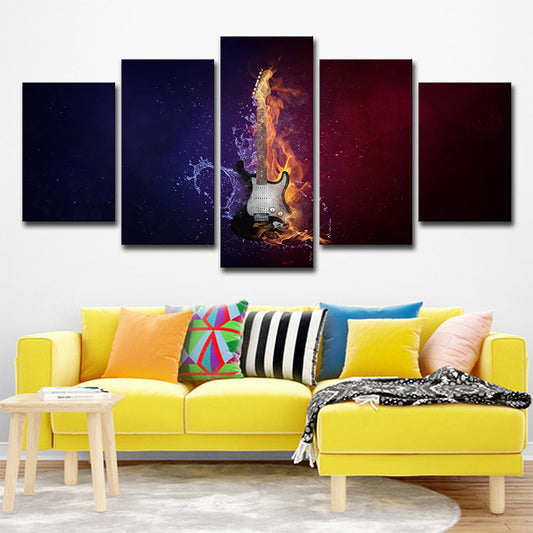 Water and Fire Guitar Canvas Print Contemporary Multi-Piece Wall Art Decor in Black Black Clearhalo 'Art Gallery' 'Canvas Art' 'Contemporary Art Gallery' 'Modern' Arts' 1695282