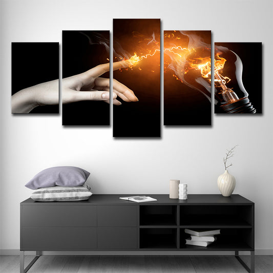 Hand and Light Bulb Canvas Modern Creative Magic Wall Art in Yellow on Black Black Clearhalo 'Art Gallery' 'Canvas Art' 'Contemporary Art Gallery' 'Modern' Arts' 1695289