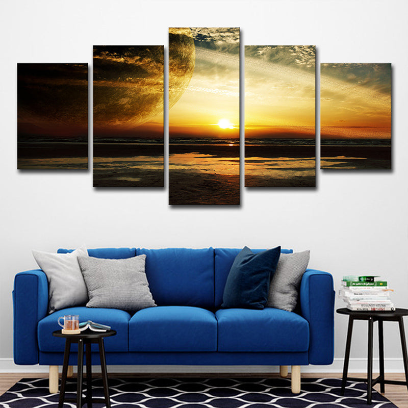 Yellow Sunset Landscape Wall Art Planet Fictional Multi-Piece Canvas for Boys Room Clearhalo 'Art Gallery' 'Canvas Art' 'Kids' Arts' 1695376