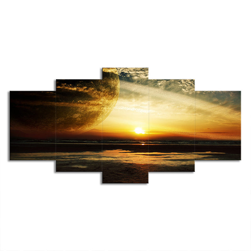 Yellow Sunset Landscape Wall Art Planet Fictional Multi-Piece Canvas for Boys Room Clearhalo 'Art Gallery' 'Canvas Art' 'Kids' Arts' 1695377