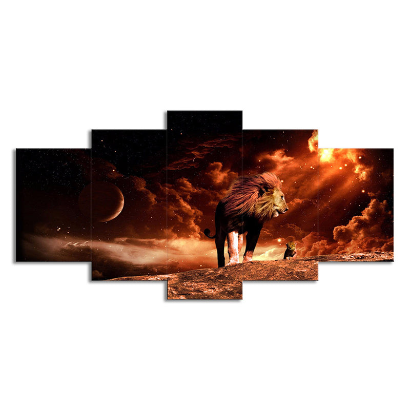 Outer Space Lion Wall Art Science Fiction Mysterious Planet Canvas Print in Brown Clearhalo 'Art Gallery' 'Canvas Art' 'Contemporary Art Gallery' 'Modern' Arts' 1695398
