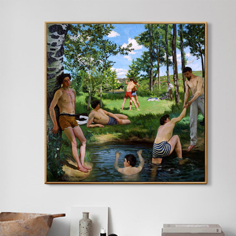 Boys Near River Painting Green Traditional Wall Decor for Bedroom (Multiple Sizes) Green Clearhalo 'Art Gallery' 'Canvas Art' 'Traditional' Arts' 1695423
