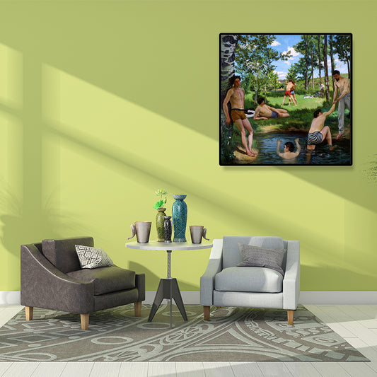 Boys Near River Painting Green Traditional Wall Decor for Bedroom (Multiple Sizes) Clearhalo 'Art Gallery' 'Canvas Art' 'Traditional' Arts' 1695424