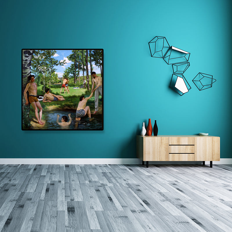 Boys Near River Painting Green Traditional Wall Decor for Bedroom (Multiple Sizes) Clearhalo 'Art Gallery' 'Canvas Art' 'Traditional' Arts' 1695425
