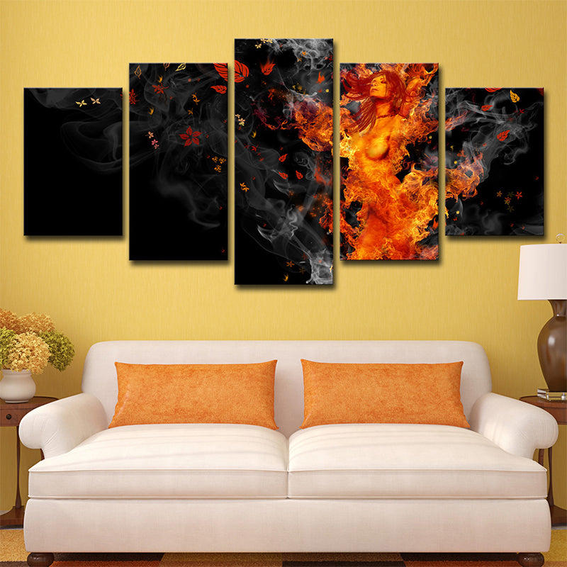 Nirvana Canvas Art Modern Beautiful Woman on Fire Wall Decor in Yellow and Black Black Clearhalo 'Art Gallery' 'Canvas Art' 'Contemporary Art Gallery' 'Modern' Arts' 1695445