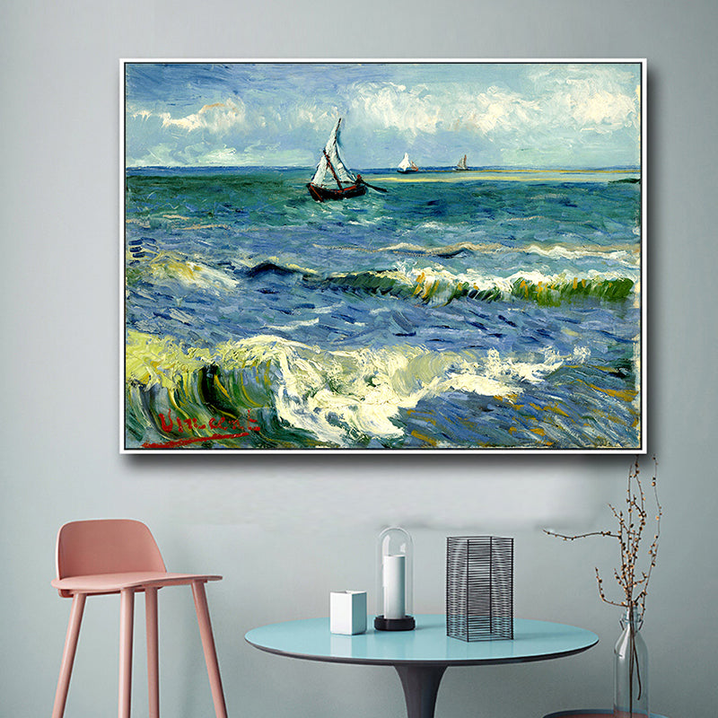 Ships Sailing in Waves Painting Blue Canvas Wall Art Print for Living Room, Texture Blue Clearhalo 'Art Gallery' 'Canvas Art' 'Traditional' Arts' 1695498