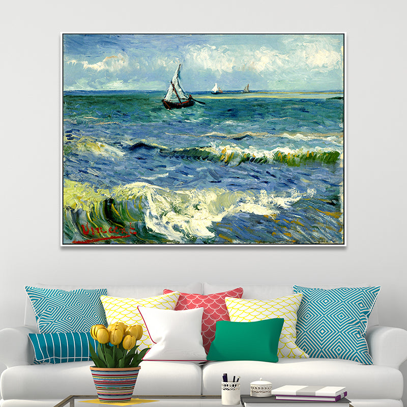 Ships Sailing in Waves Painting Blue Canvas Wall Art Print for Living Room, Texture Clearhalo 'Art Gallery' 'Canvas Art' 'Traditional' Arts' 1695499