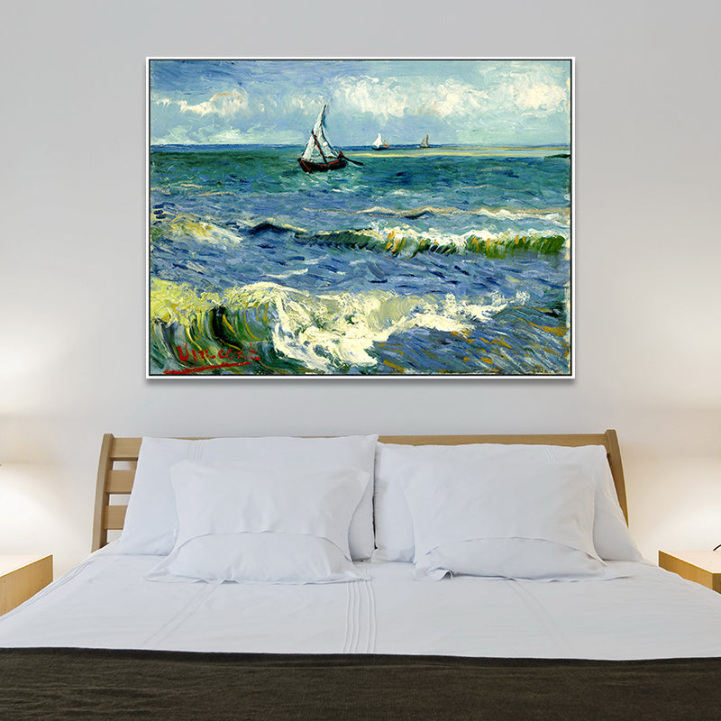Ships Sailing in Waves Painting Blue Canvas Wall Art Print for Living Room, Texture Clearhalo 'Art Gallery' 'Canvas Art' 'Traditional' Arts' 1695500