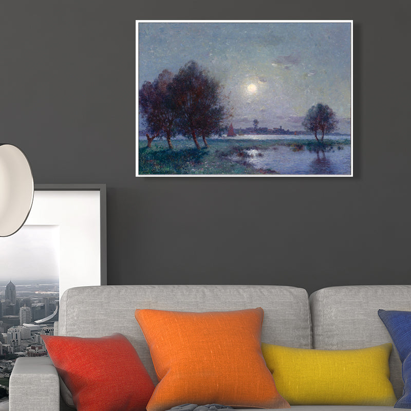 Rural Night Scenery Painting Print Canvas Textured Dark Color Wall Art Decor for Home Purple Clearhalo 'Art Gallery' 'Canvas Art' 'Country Art Gallery' 'French Country' 'Rustic' Arts' 1695533
