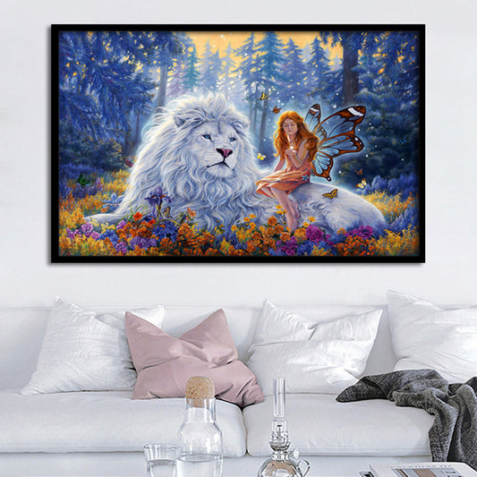 Lion Wrapped Canvas Mediterranean Mysterious Angel Wall Art Decor in Blue for Nursery Blue Clearhalo 'Art Gallery' 'Canvas Art' 'Kids' Arts' 1695537