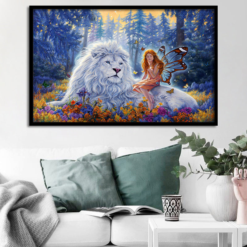Lion Wrapped Canvas Mediterranean Mysterious Angel Wall Art Decor in Blue for Nursery Clearhalo 'Art Gallery' 'Canvas Art' 'Kids' Arts' 1695538