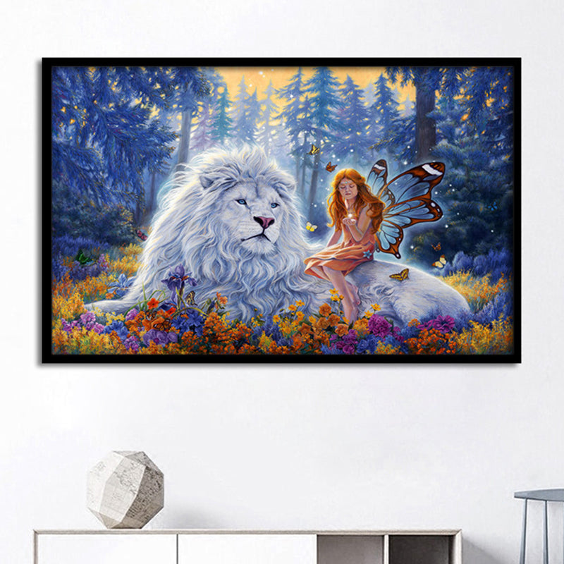 Lion Wrapped Canvas Mediterranean Mysterious Angel Wall Art Decor in Blue for Nursery Clearhalo 'Art Gallery' 'Canvas Art' 'Kids' Arts' 1695539