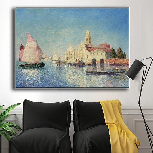 Oil Painting Venice Canal Canvas Wall Art for Sitting Room, Blue and Pink, Textured Blue Clearhalo 'Art Gallery' 'Canvas Art' 'Traditional' Arts' 1695544