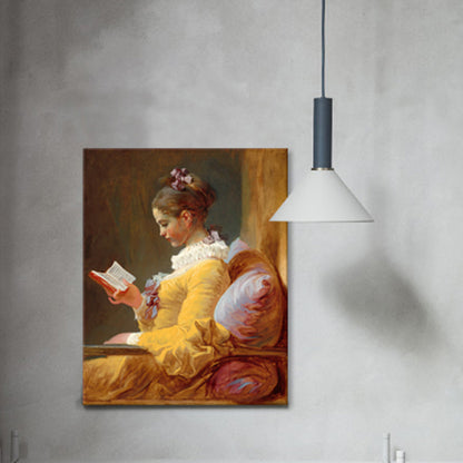 Girl Reading Art Print Vintage Textured Living Room Wrapped Canvas in Yellow (Multiple Size Options) Yellow Clearhalo 'Arts' 'Canvas Art' 1695558