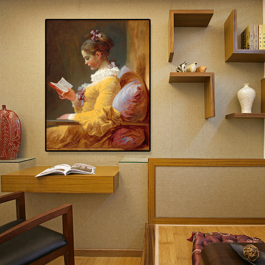 Girl Reading Art Print Vintage Textured Living Room Wrapped Canvas in Yellow (Multiple Size Options) Clearhalo 'Arts' 'Canvas Art' 1695559