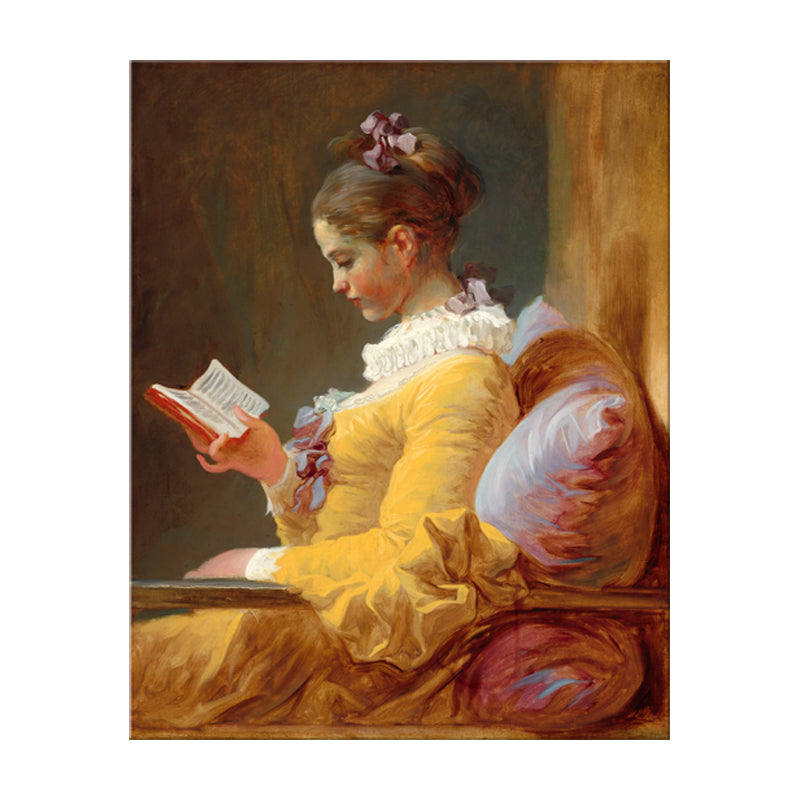 Girl Reading Art Print Vintage Textured Living Room Wrapped Canvas in Yellow (Multiple Size Options) Clearhalo 'Arts' 'Canvas Art' 1695561