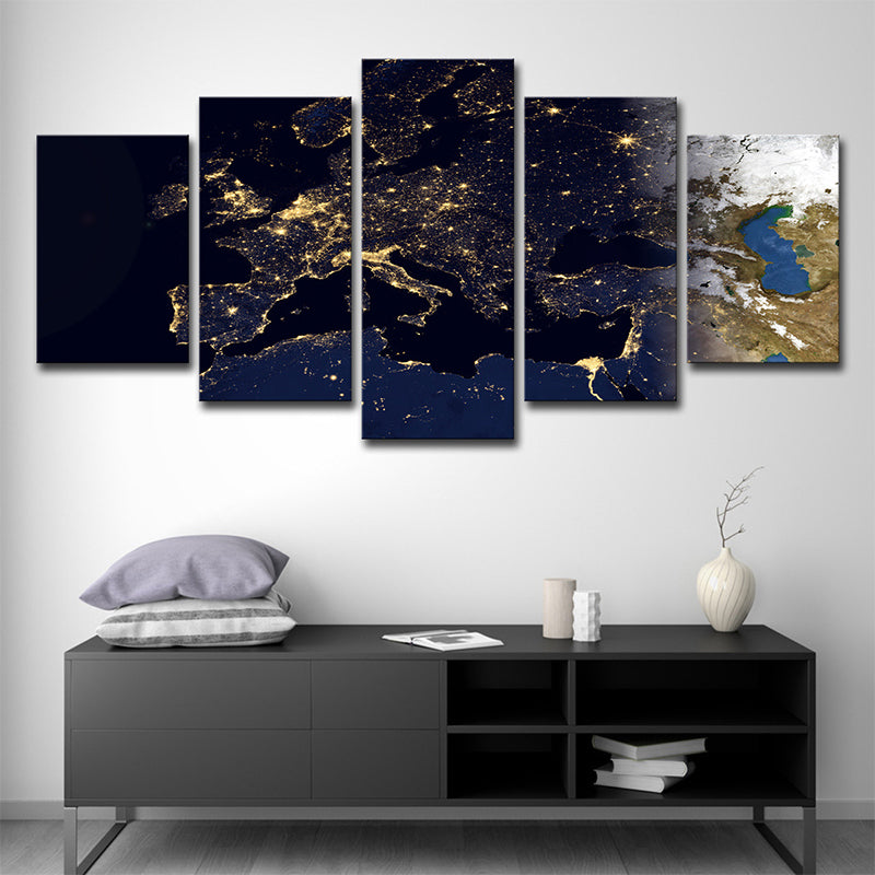 Gold World Map Canvas Print Multi-Piece Contemporary House Interior Wall Art on Black Black Clearhalo 'Art Gallery' 'Canvas Art' 'Contemporary Art Gallery' 'Modern' Arts' 1695593