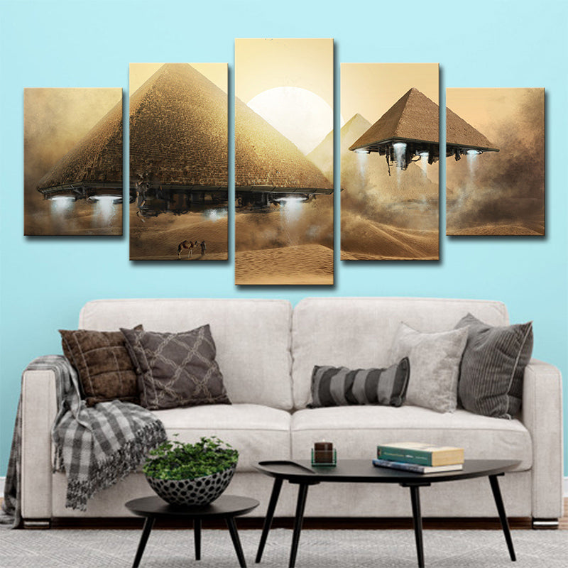 Sci-Fi Flying Pyramid UFO Art Print Boys Canvas Multi-Piece Yellow Wall Decoration Yellow Clearhalo 'Art Gallery' 'Canvas Art' 'Kids' Arts' 1695627