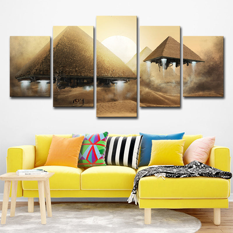 Sci-Fi Flying Pyramid UFO Art Print Boys Canvas Multi-Piece Yellow Wall Decoration Clearhalo 'Art Gallery' 'Canvas Art' 'Kids' Arts' 1695628
