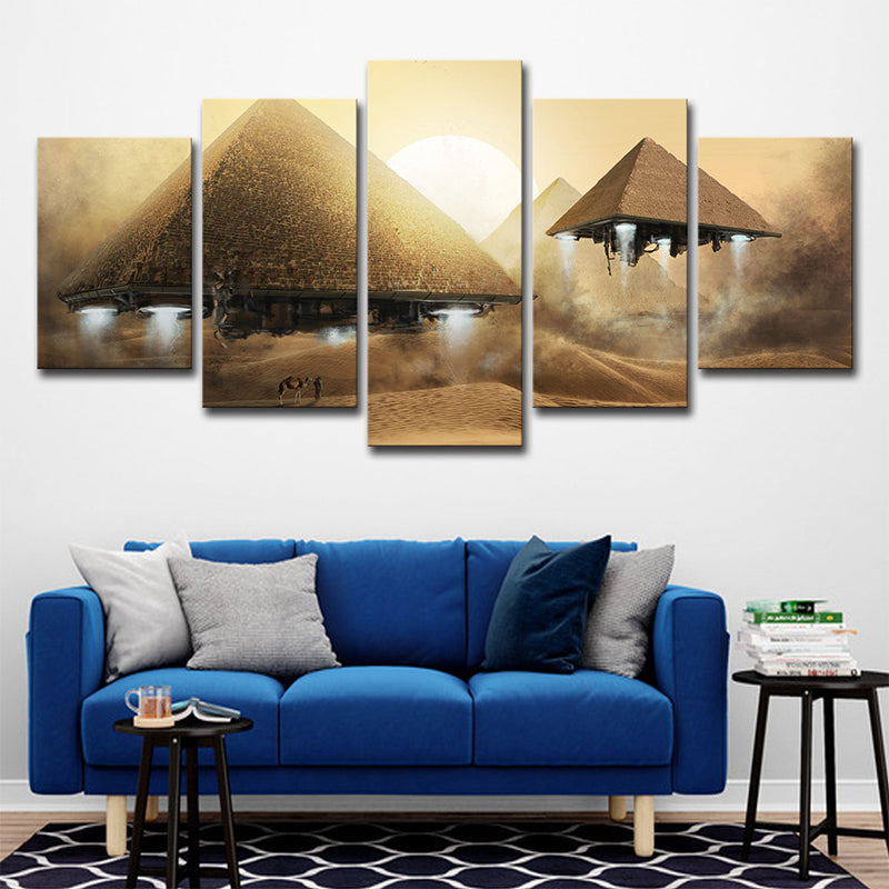 Sci-Fi Flying Pyramid UFO Art Print Boys Canvas Multi-Piece Yellow Wall Decoration Clearhalo 'Art Gallery' 'Canvas Art' 'Kids' Arts' 1695629