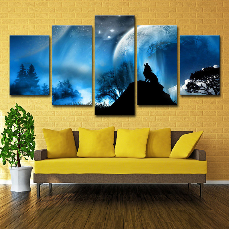 Multi-Piece Blue Canvas Art Kids Digital Print Wolf Howling at the Moon Wall Decor Blue Clearhalo 'Art Gallery' 'Canvas Art' 'Kids' Arts' 1695649