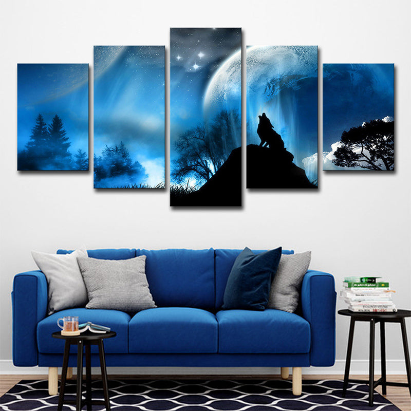 Multi-Piece Blue Canvas Art Kids Digital Print Wolf Howling at the Moon Wall Decor Clearhalo 'Art Gallery' 'Canvas Art' 'Kids' Arts' 1695650