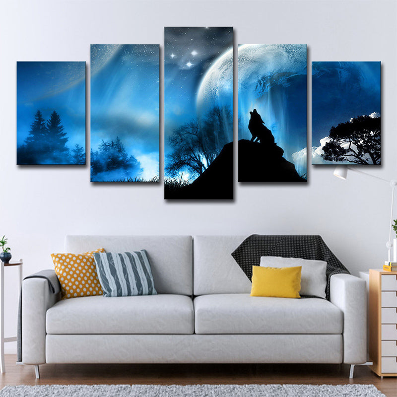 Multi-Piece Blue Canvas Art Kids Digital Print Wolf Howling at the Moon Wall Decor Clearhalo 'Art Gallery' 'Canvas Art' 'Kids' Arts' 1695651