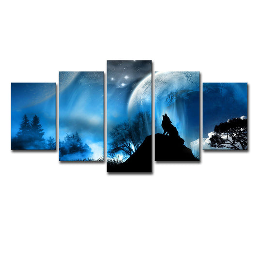 Multi-Piece Blue Canvas Art Kids Digital Print Wolf Howling at the Moon Wall Decor Clearhalo 'Art Gallery' 'Canvas Art' 'Kids' Arts' 1695652