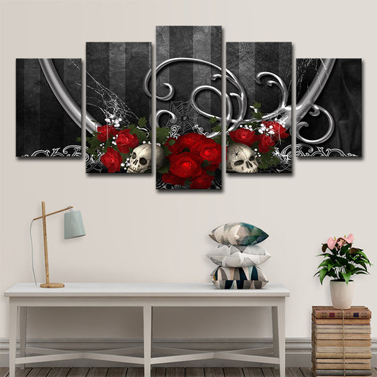 Cool Rose and Skull Canvas Print Boys Bedroom Fantasy Wall Art in Grey-Red Clearhalo 'Art Gallery' 'Canvas Art' 'Contemporary Art Gallery' 'Modern' Arts' 1695657