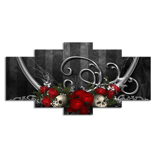 Cool Rose and Skull Canvas Print Boys Bedroom Fantasy Wall Art in Grey-Red Clearhalo 'Art Gallery' 'Canvas Art' 'Contemporary Art Gallery' 'Modern' Arts' 1695659