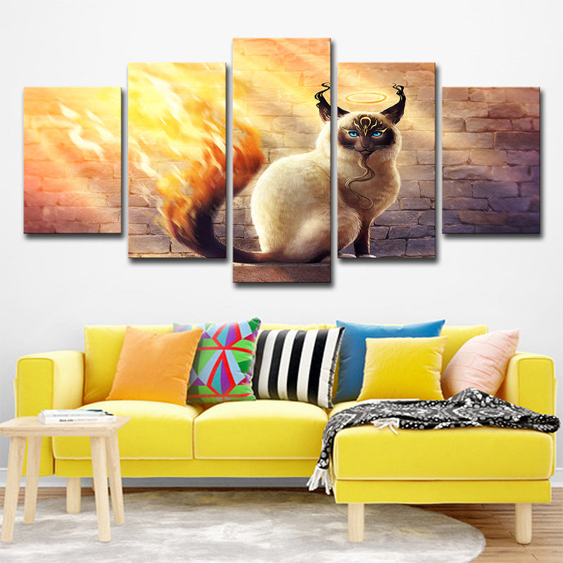 Cat with Fire Tail Canvas Cartoon Magical Comic Character Wall Art Print in Yellow Yellow Clearhalo 'Art Gallery' 'Canvas Art' 'Kids' Arts' 1695784