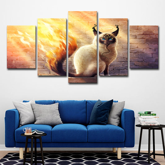 Cat with Fire Tail Canvas Cartoon Magical Comic Character Wall Art Print in Yellow Clearhalo 'Art Gallery' 'Canvas Art' 'Kids' Arts' 1695785