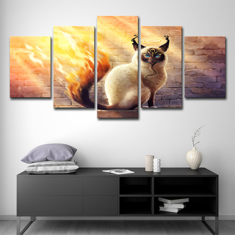 Cat with Fire Tail Canvas Cartoon Magical Comic Character Wall Art Print in Yellow Clearhalo 'Art Gallery' 'Canvas Art' 'Kids' Arts' 1695786