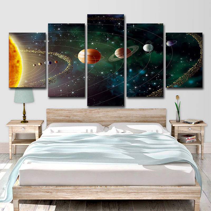 Solar System Wall Art Print Fictional Enchanting Universe Canvas in Green for Bedroom Clearhalo 'Art Gallery' 'Canvas Art' 'Kids' Arts' 1695813