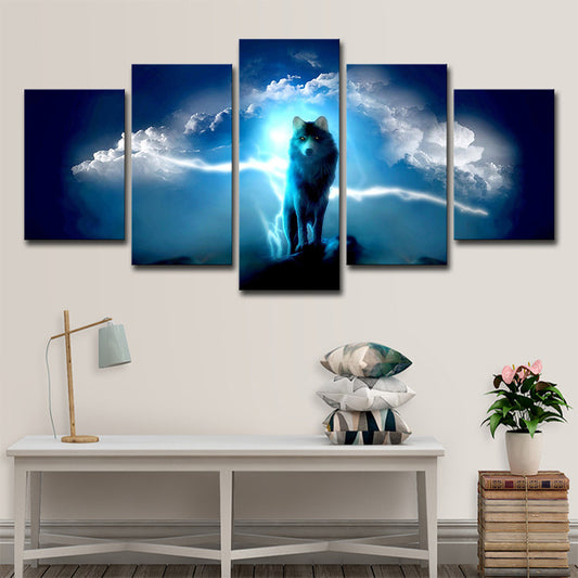 Mysterious Night Wolf Canvas Print House Interior Animal Pattern Wall Art in Blue Blue Clearhalo 'Art Gallery' 'Canvas Art' 'Contemporary Art Gallery' 'Modern' Arts' 1695839