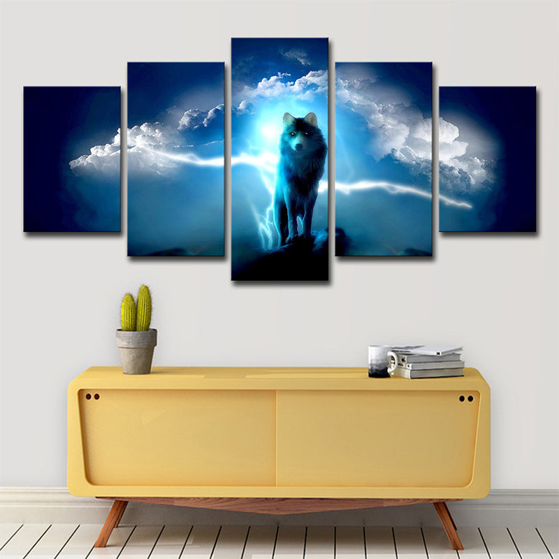 Mysterious Night Wolf Canvas Print House Interior Animal Pattern Wall Art in Blue Clearhalo 'Art Gallery' 'Canvas Art' 'Contemporary Art Gallery' 'Modern' Arts' 1695840