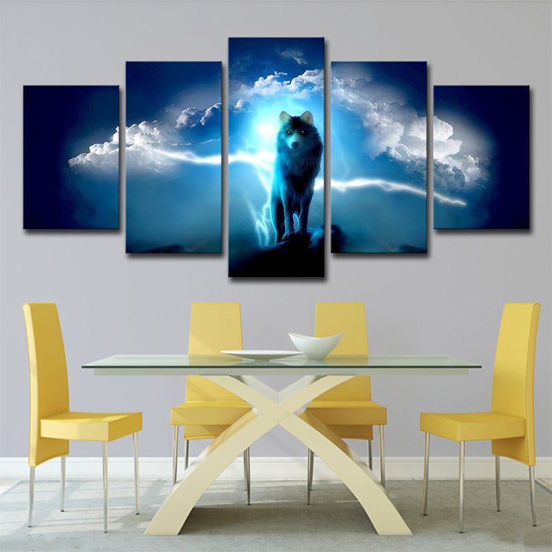 Mysterious Night Wolf Canvas Print House Interior Animal Pattern Wall Art in Blue Clearhalo 'Art Gallery' 'Canvas Art' 'Contemporary Art Gallery' 'Modern' Arts' 1695841