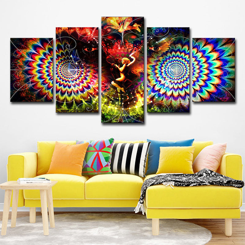 Kaleidoscope Wall Art Print Bohemian Angel and Owl Canvas in Red for Living Room Red Clearhalo 'Art Gallery' 'Canvas Art' 'Contemporary Art Gallery' 'Modern' Arts' 1695861