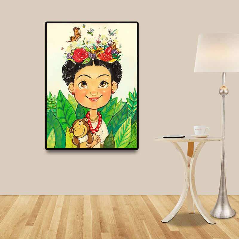 Girl with Flowers Canvas Prints Decorative for Guest Room Wall Decor in Light Color Green Clearhalo 'Art Gallery' 'Canvas Art' 'Kids' Arts' 1695868