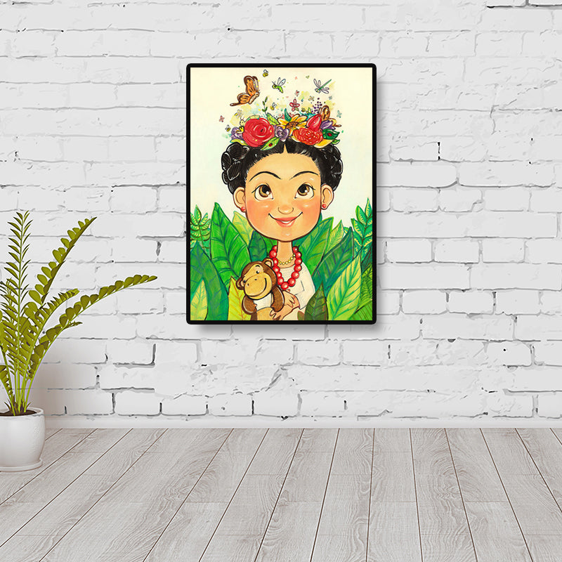 Girl with Flowers Canvas Prints Decorative for Guest Room Wall Decor in Light Color Clearhalo 'Art Gallery' 'Canvas Art' 'Kids' Arts' 1695870