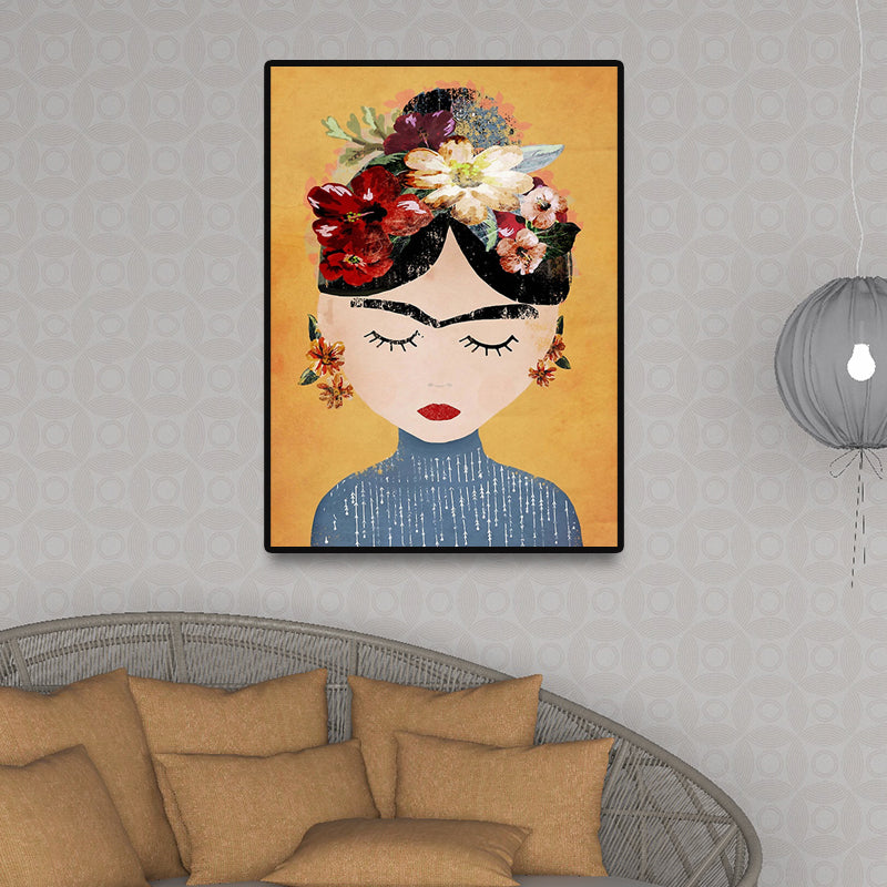 Girl with Flowers Canvas Prints Decorative for Guest Room Wall Decor in Light Color Blue Clearhalo 'Art Gallery' 'Canvas Art' 'Kids' Arts' 1695875