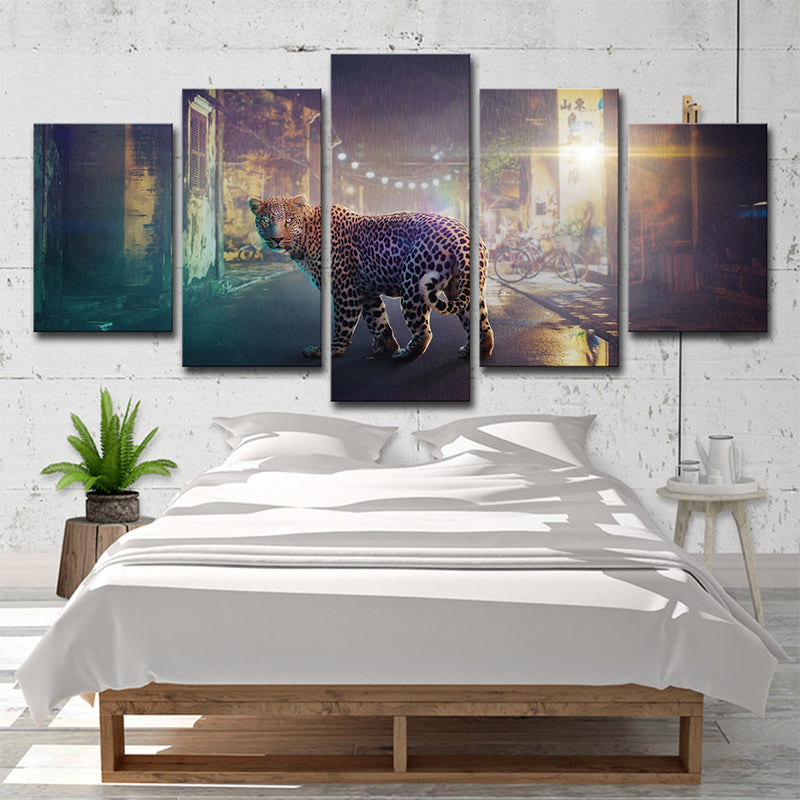 Shabby Street Night Leopard Canvas Art for Home Wildlife Wall Decor in Grey, Multi-Piece Clearhalo 'Art Gallery' 'Canvas Art' 'Contemporary Art Gallery' 'Modern' Arts' 1695915