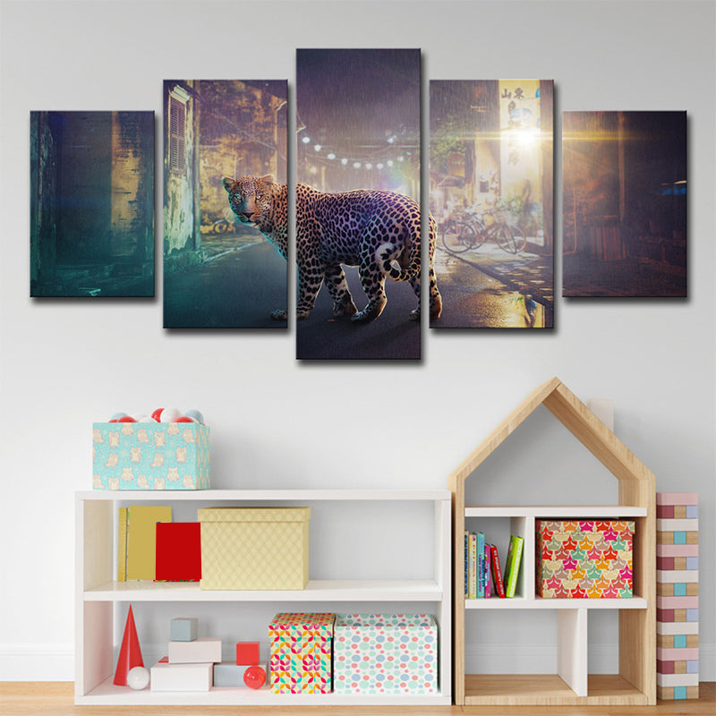 Shabby Street Night Leopard Canvas Art for Home Wildlife Wall Decor in Grey, Multi-Piece Clearhalo 'Art Gallery' 'Canvas Art' 'Contemporary Art Gallery' 'Modern' Arts' 1695916