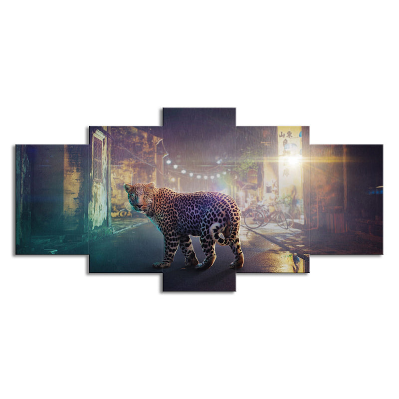 Shabby Street Night Leopard Canvas Art for Home Wildlife Wall Decor in Grey, Multi-Piece Clearhalo 'Art Gallery' 'Canvas Art' 'Contemporary Art Gallery' 'Modern' Arts' 1695917