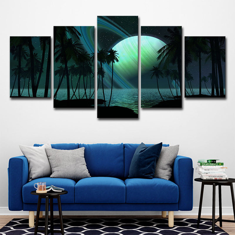 Tropics Night Seascape Canvas Green Ringed Planet Wall Art Print for Family Room Green Clearhalo 'Art Gallery' 'Canvas Art' 'Coastal Art Gallery' 'Tropical' Arts' 1695921