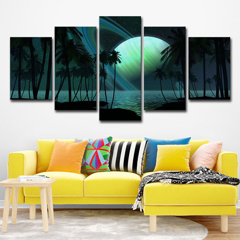 Tropics Night Seascape Canvas Green Ringed Planet Wall Art Print for Family Room Clearhalo 'Art Gallery' 'Canvas Art' 'Coastal Art Gallery' 'Tropical' Arts' 1695922