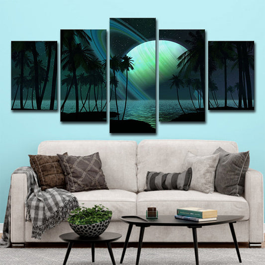 Tropics Night Seascape Canvas Green Ringed Planet Wall Art Print for Family Room Clearhalo 'Art Gallery' 'Canvas Art' 'Coastal Art Gallery' 'Tropical' Arts' 1695923