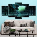 Tropics Night Seascape Canvas Green Ringed Planet Wall Art Print for Family Room Clearhalo 'Art Gallery' 'Canvas Art' 'Coastal Art Gallery' 'Tropical' Arts' 1695923
